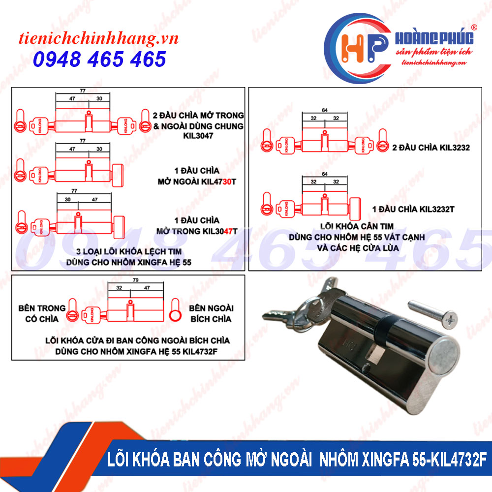 Lõi khóa cửa đi ban công nhôm Xingfa hệ 55