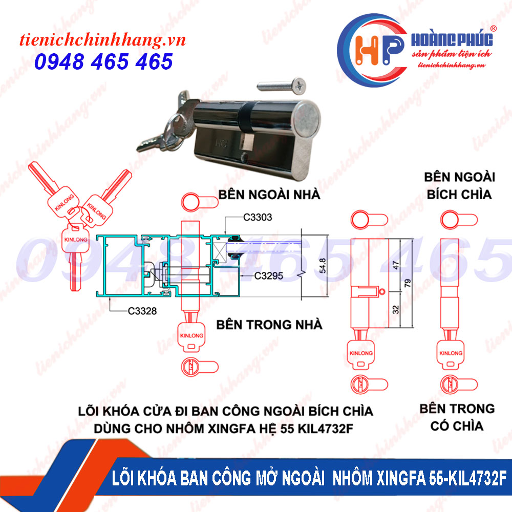 Lõi khóa cửa đi ban công nhôm Xingfa hệ 55